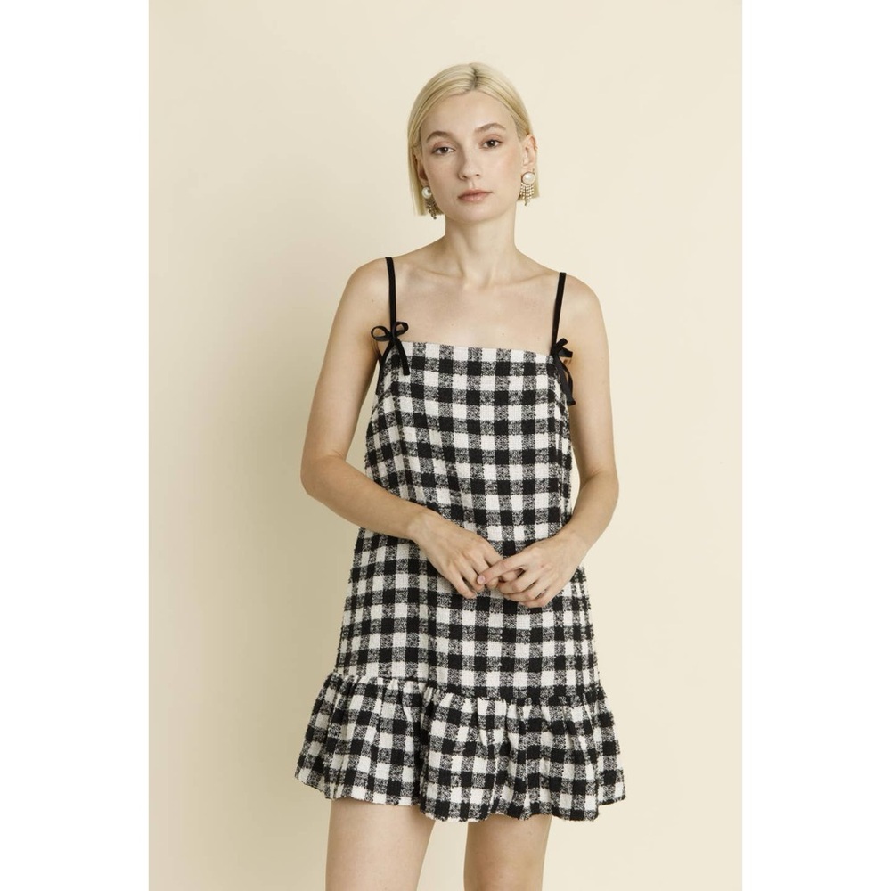 AUREUM VELVET BOW TRIM TWEED MINI DRESS